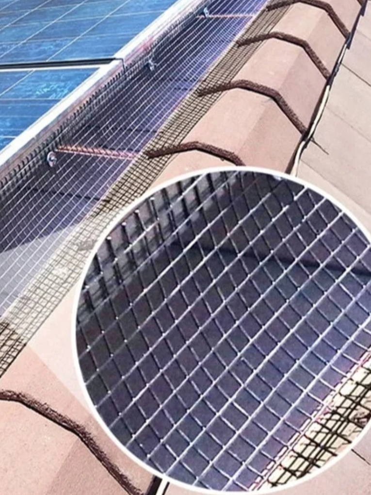 Detail eines Taubenschutzgitters am Solarmodul