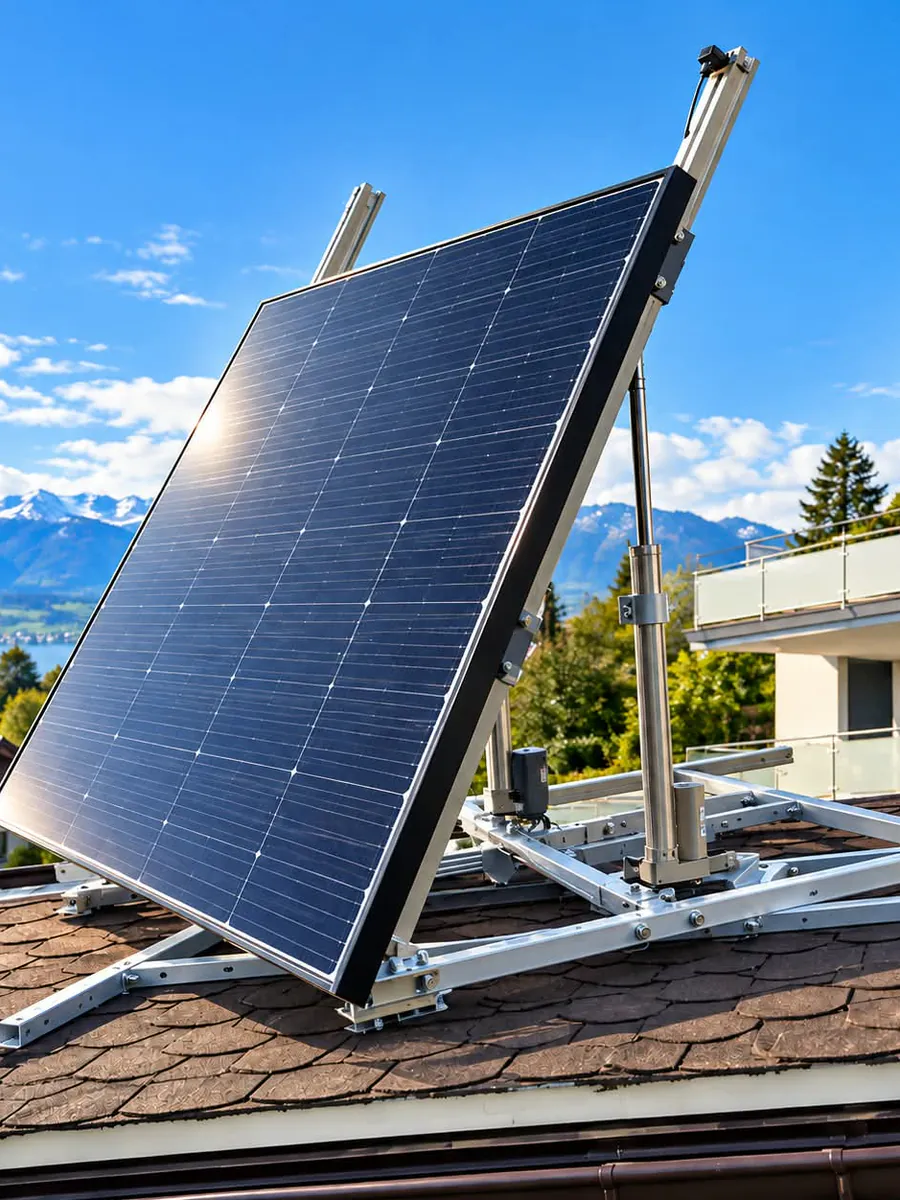 Solar-Tracker auf einem Ziegeldach mit Bergpanorama