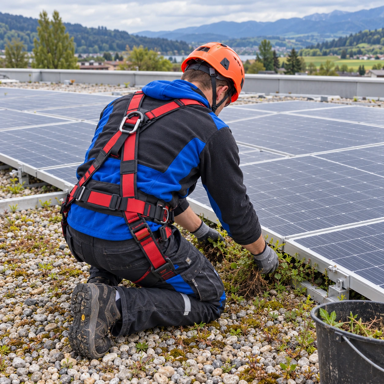 Reinigungsgerät bei der Pflege einer Solaranlage